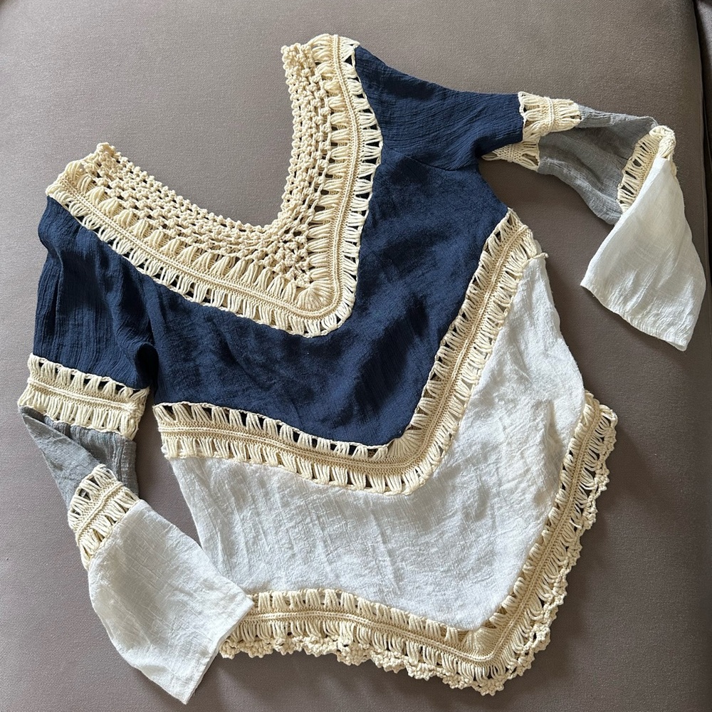 Crochet trim off shoulder flowy top blue shades